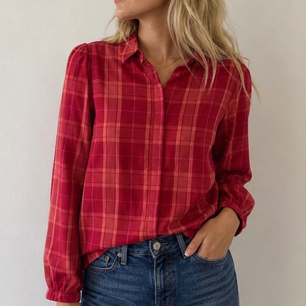 Biltmore Red Plaid‎ Button Up Blouse Puff Sleeve Small Academia Preppy Cottage